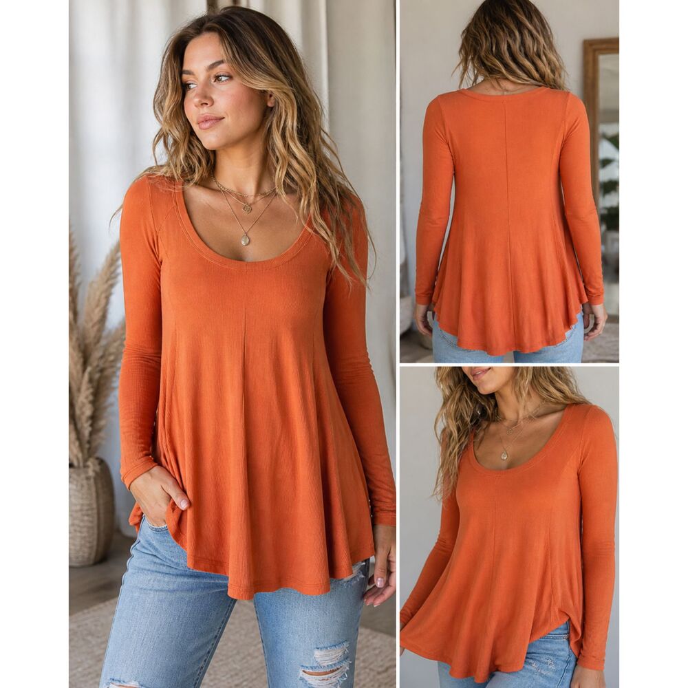 Free People Top Small Orange Ribbed Long Sleeve Boho Swing Tunic Flowy